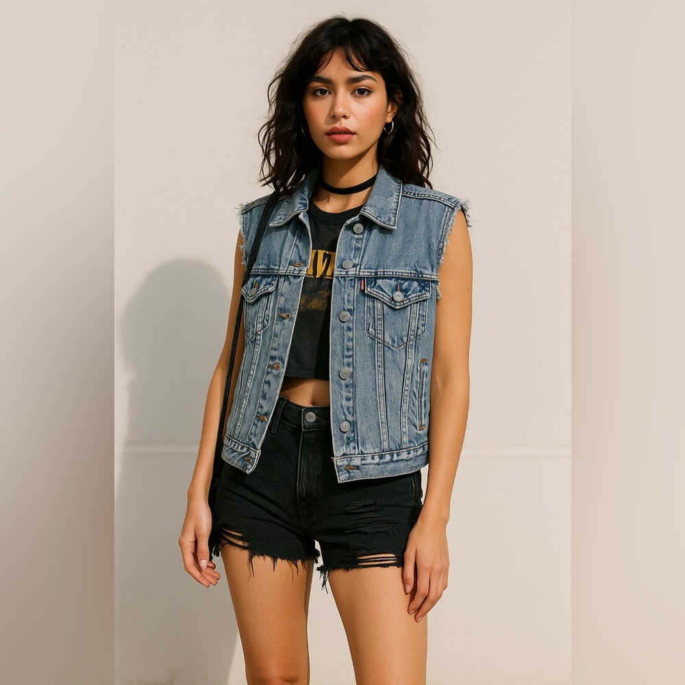 Levi’s Light Wash Denim Trucker Vest Frayed Sleeveless Jacket S Biker Streetwear